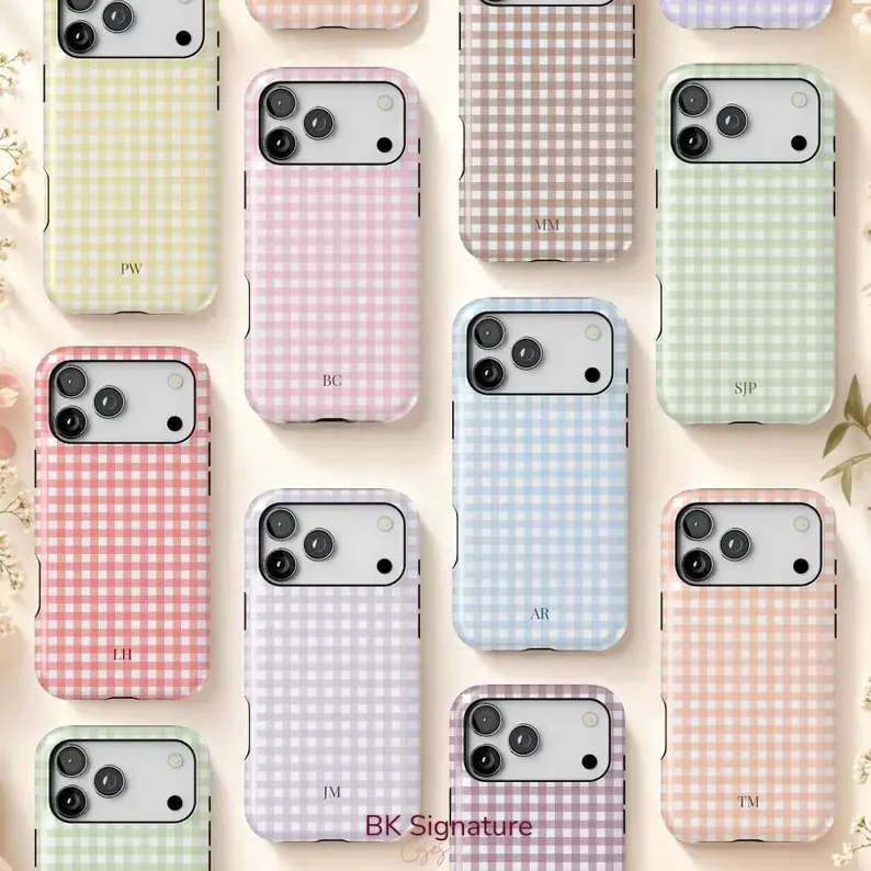 Personalized Gingham Smartphone Case - Custom Initial Plaid Protective Cover for Handheld Cellphone Devices, Pastel Checker Preppy Aesthetic Shockproof Protection, Birthday Gift for Her, Fits iPhone 17-11 Pro Max & Samsung S26-S22 Ultra, Casing