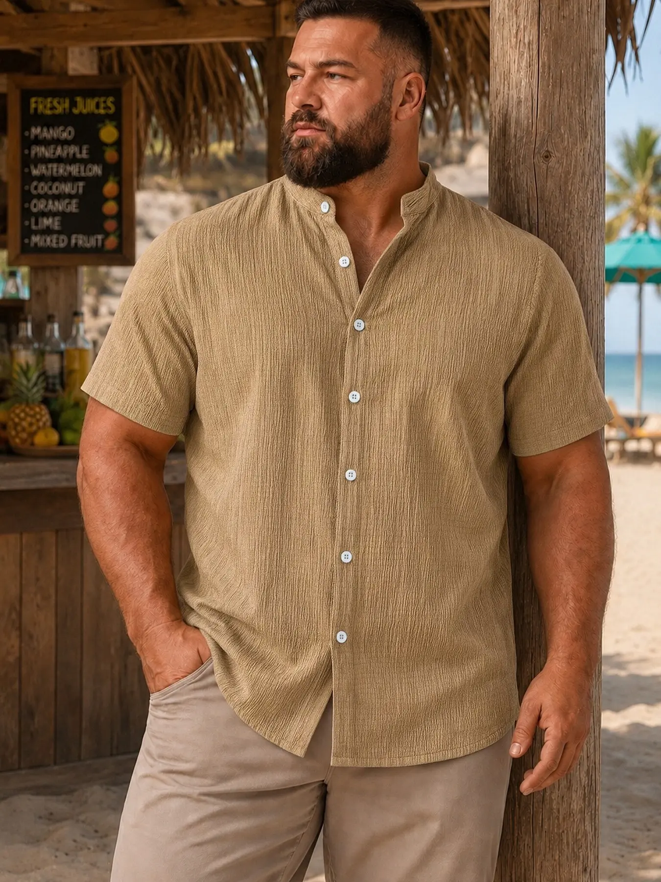 Plus Size Men's Summer Short Sleeve Shirt, 2xl-6xl, Lightweight Breathable Solid Collar Button Shirt, Casual Beach Vacation Wear