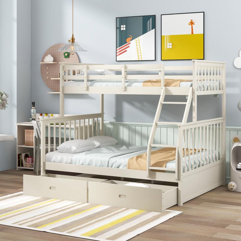 Twin Over Full Bunk Bed with Storage Drawers, Wooden Bunk Bed with Ladder and Safety Guard Rails,One bed for multiple purposes: it is a family bed, storage cabinet, and even a gaming paradise