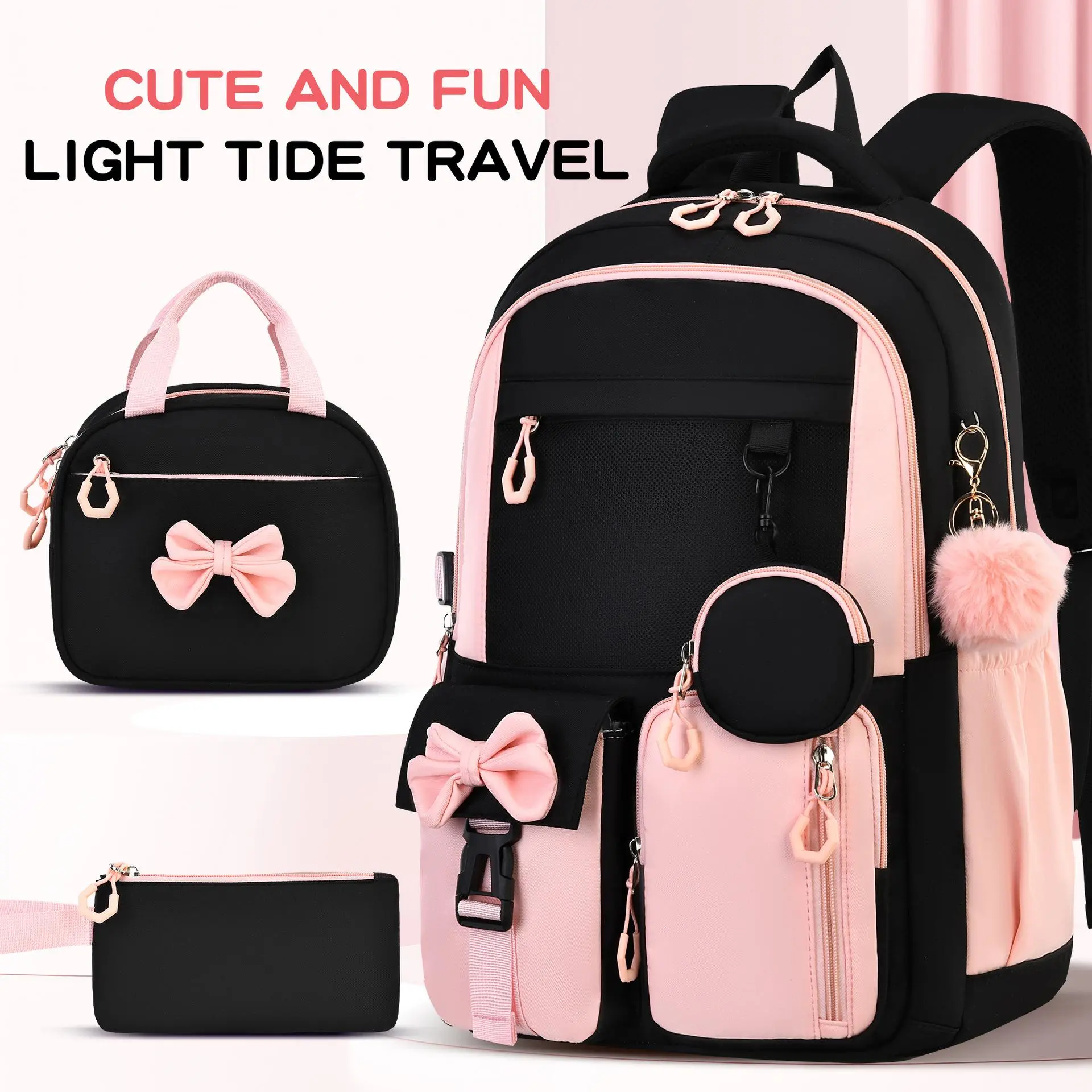 3Pcs Black Pink Bow Decor Backpack Set for Teen Girls Women, Large Capacity Multi-Layer Water Resistant Anti-Theft Student Backpack, Lightweight Adjustable Padded Shoulder Daypack with Fluffy Pom Pom Pendant, Matching Insulated Lunch Bag & Zipper