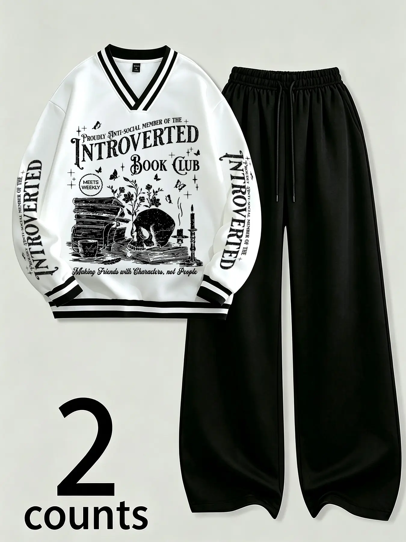 Women's 2-Piece Set V-Neck Baseball Sweatshirt Top and Wide-Leg Pants, Gothic Style, Retro Skull Print, Casual Streetwear, All Seasons