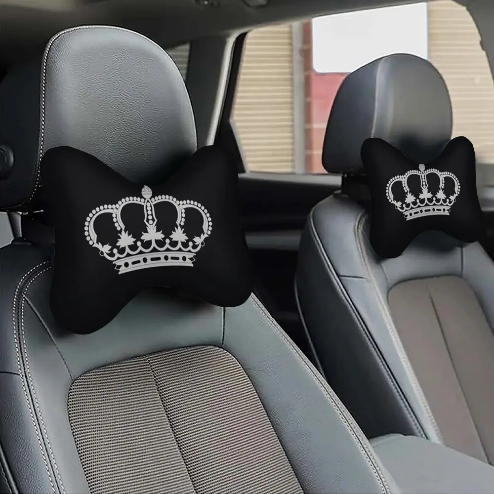 2pcs  Crown-Printed Car Headrest Set, Neck Pillow, And Lumbar Support All in One, Soft, Fluffy, And Breathable for Year-Round Use, Suitable for Long-Distance Driving to And Enhance Comfort While Driving