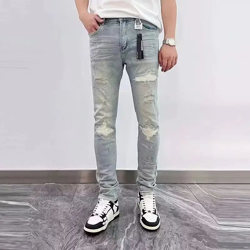Fashionable  Clothing Ripped Distressed Retro Spring and Autumn Denim Jeans for Men Slim Fit Casual Pants Cotton Trousers
