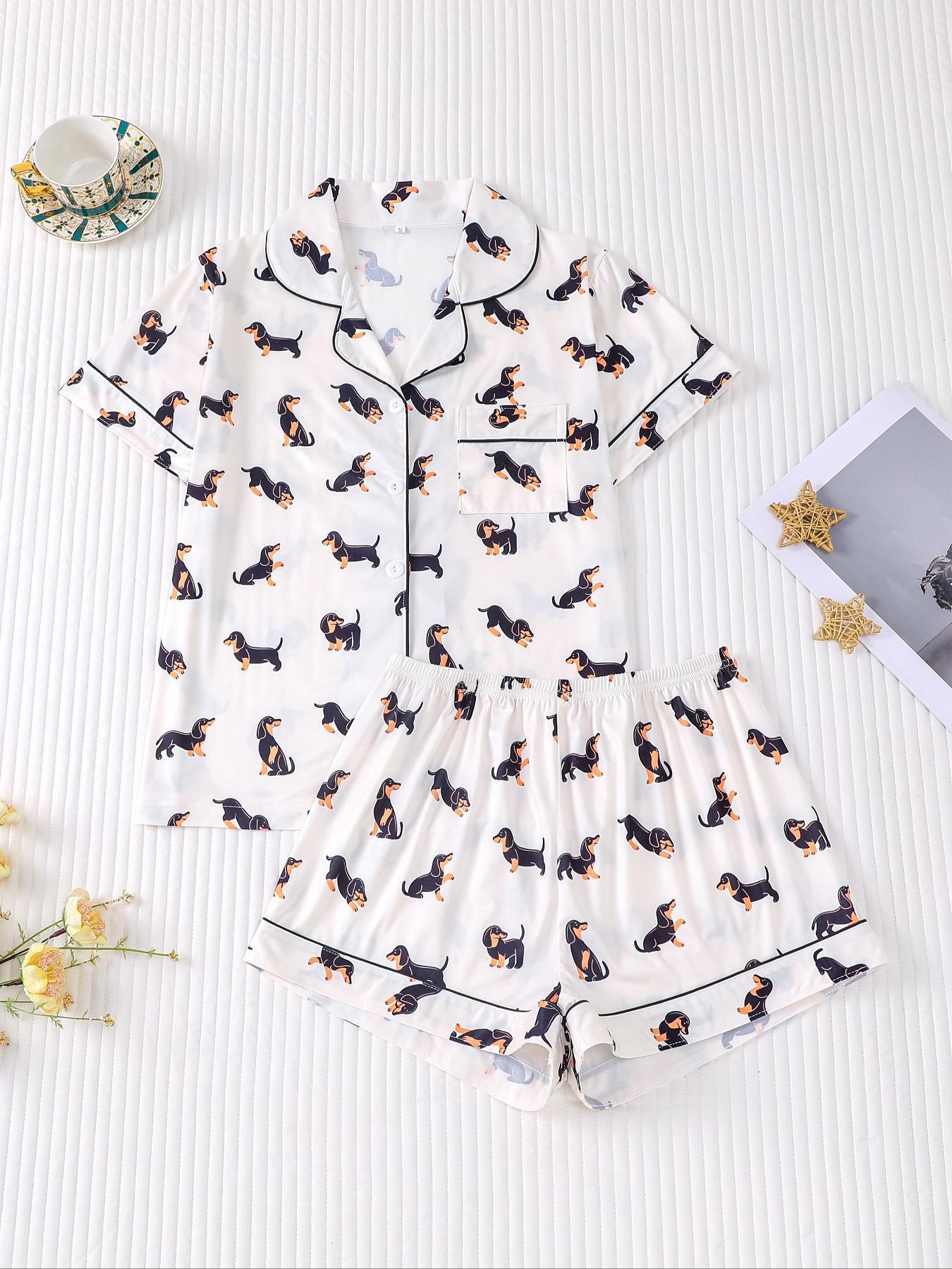 Women's Dachshund Print Shirt & Elastic Waist Shorts Pajama Two-piece Set, Casual Comfy Short Sleeve Top & Shorts Loungewear Set, Ladies Sleepwear for Summer, Womenswear