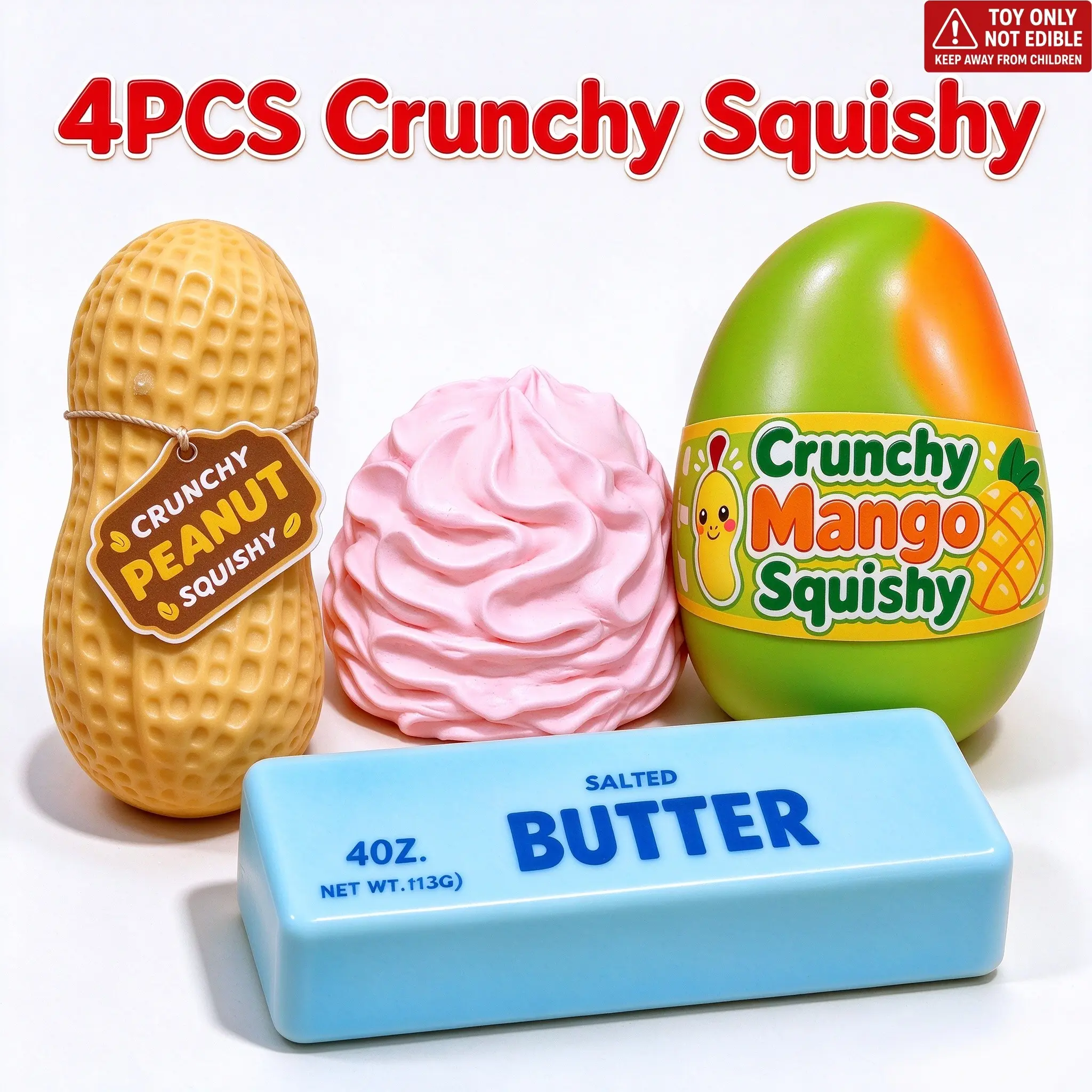 🔥4Pcs Crunch ASMR Squishy, Boxed Building Block Filled, Mango, Butter Stick, Peanut & Cream Shapes, Moldable TPR Fidget Toy✨, Crispy Crunch Sound, ADHD Anxiety Relief, Prank Toy🎁, Christmas Stocking Stuffer, Party Favor #crunchysquishy #asmrtoy