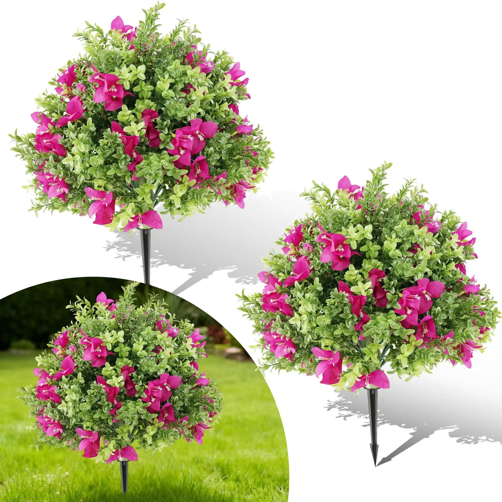 2-Piece Colorful Decorative Artificial Boxwood Topiary Ball Trees - UV-Resistant Silk Flowers, Faux Round Shrubs with Ground Spikes - Indoor Outdoor Porch Planters, Christmas Home Decor Gift