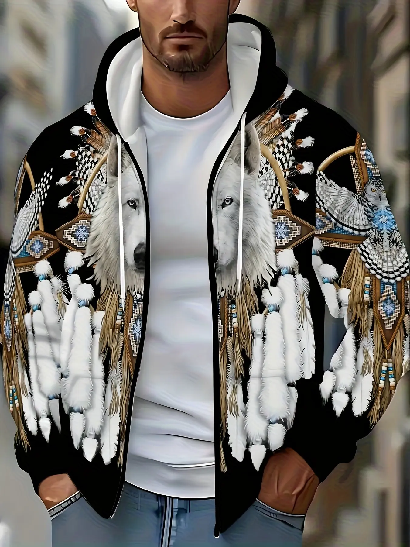 Men's Native American White Wolf Feather Zip Up Hoodie, Tribal Ethnic Pattern Full Print Hooded Sweatshirt Jacket, Vintage Long Sleeve Streetwear Seattle Phoenix