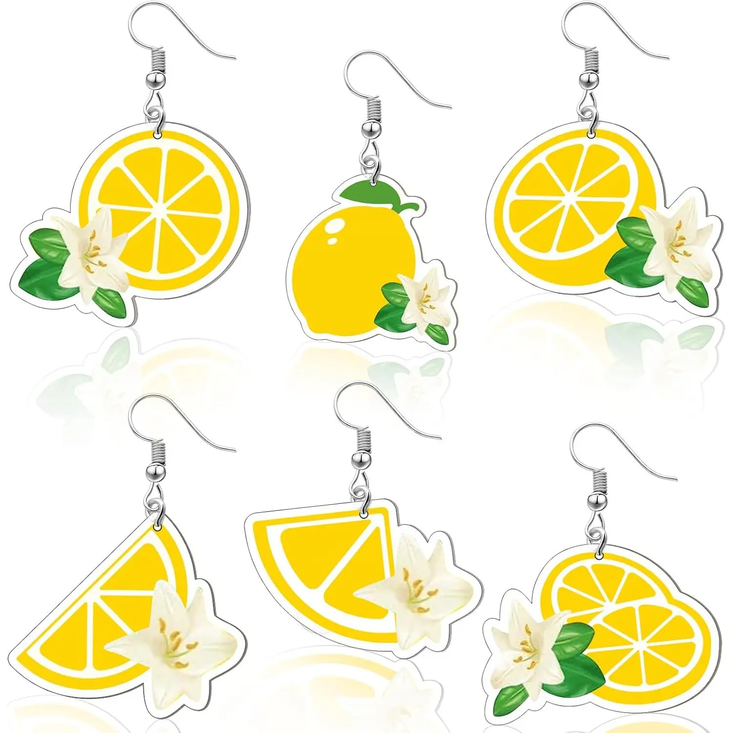 6 Pair Mix & Match Dangle Earrings for Women, Funny Modern Fruit Motifs with Lemon, Pickle & Martini, Lightweight Cute Weird Alloy Jewelry