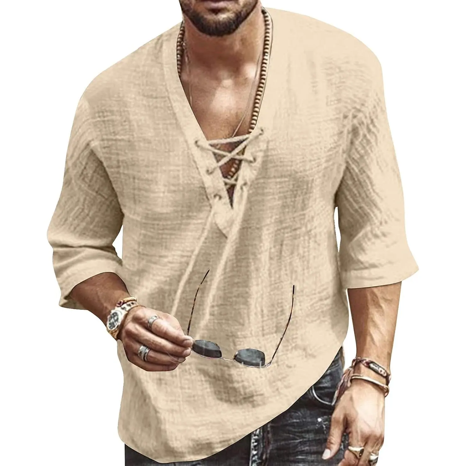 Men's Casual Cotton Short-Sleeve V-Neck Shirt - Smooth, Elastic, Novelty Printed Drawstring Top for Beach, Yoga Summer Wear, Linen