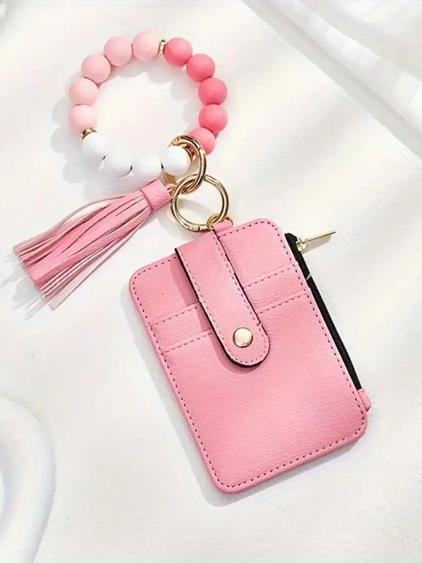 2pc Bracelet Card Holder Wallet, Beaded Silicone Wristband Keychain Pouch, Fringe PU Leather ID Credit Card Case, Multi-Color Portable Zip Coin Bag for Women
