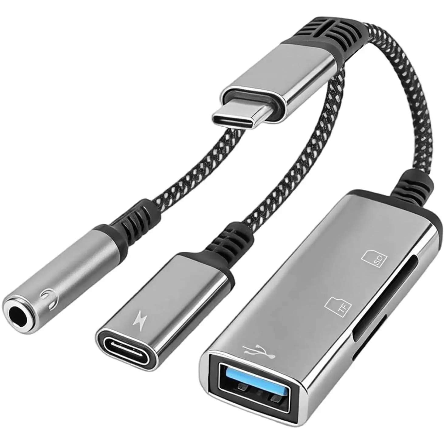 4-in-1 USB C to 3.5mm Headphone Audio Adapter with 60W PD  , USB OTG Dongle & TF/SD Card Reader, Hi-Res DAC Splitter Compatible with iPhone15/16, iPadPro, MacBook, Galaxy S23 and