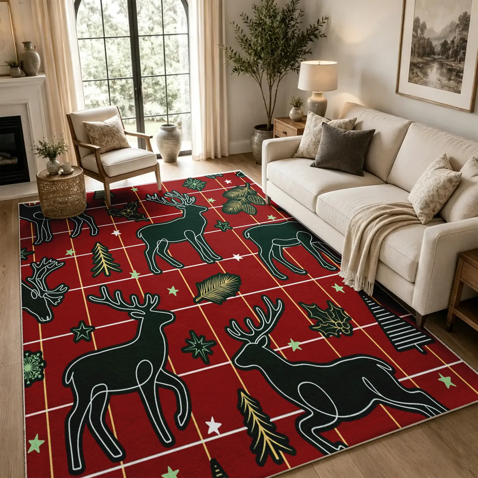 Funny Reindeer Grid Christmas Area Rug, Red-Green Pattern, Soft Faux Cashmere, Non-Slip Washable Indoor Room Carpet for Living Room, Home Offices, Multi-Size Festive Home Decor, Indoor Rooms