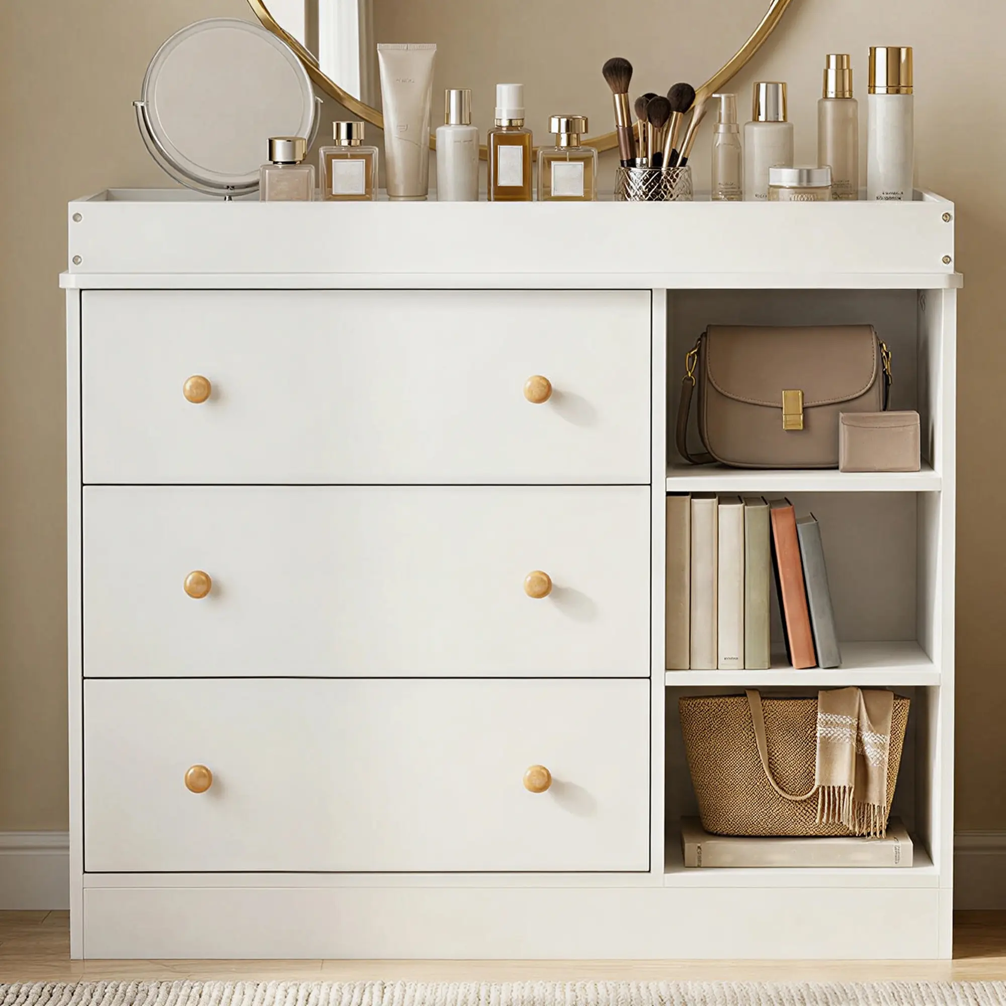 Baby Changing Table with Drawers & Open Shelves – Wooden Nursery Diaper Station with Waterproof Pad, Large Storage Dresser for Newborn Baby Nursery Room