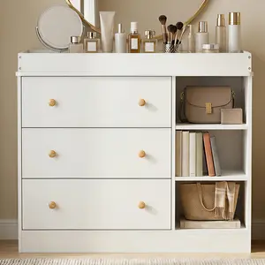Baby Changing Table with Drawers & Open Shelves – Wooden Nursery Diaper Station with Waterproof Pad, Large Storage Dresser for Newborn Baby Nursery Room