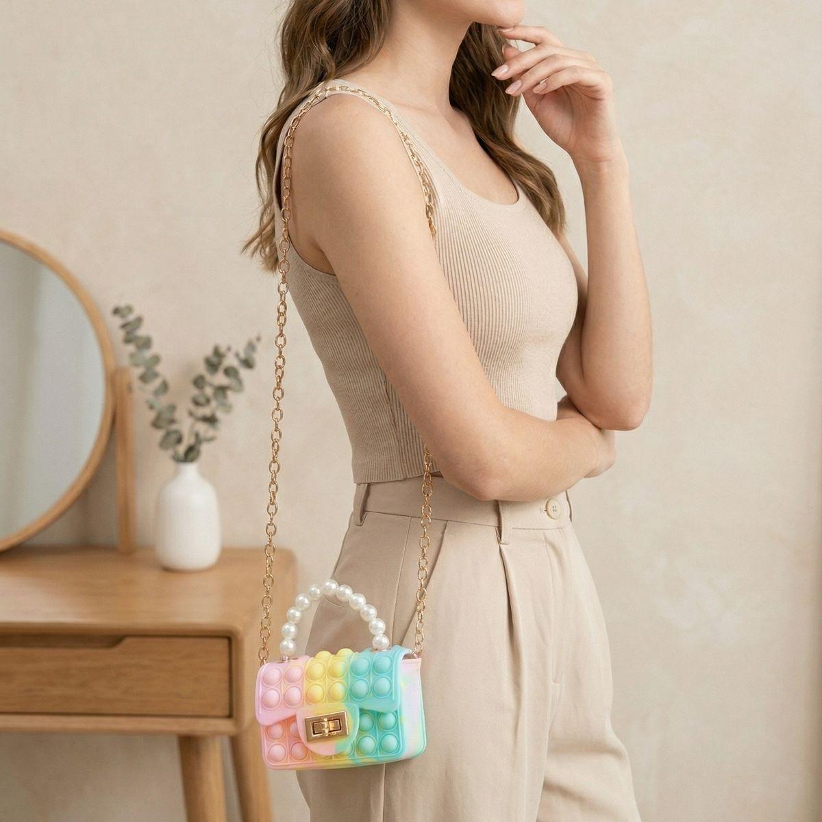 Women's Stylish Pop Bag Silicone Shoulder Bag with Pearl Handle, Chain and Mini Coin Purse for Daily Travel