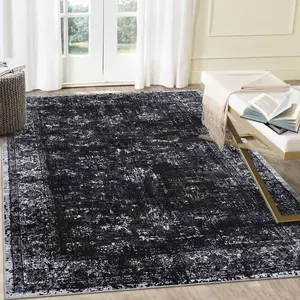 Garvee Washable Rug 8x10 Area Rugs for Living Room Slip Backing Carpet for Bedroom,Durable & Ultra-Thin Vintage Large Area CarpetBlack