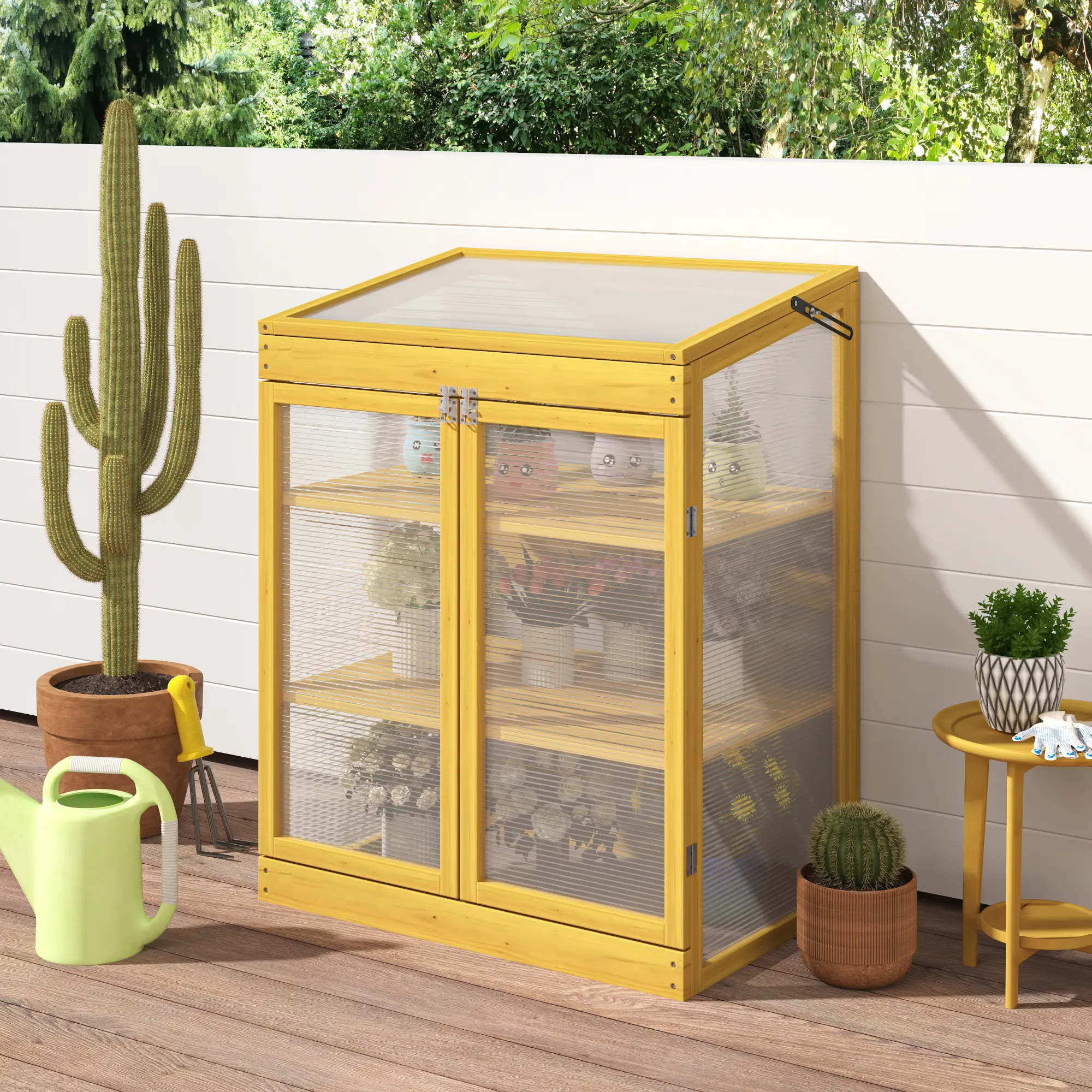 ARCH Pine Wood Cold Frame Greenhouse for Backyard Gardeners, Outdoor Mini Greenhouse Cabinet with Polycarbonate Panels, 2-Tier Adjustable Shelves, Brown, Keeps Plants Warm, for Patio, Home Improvement Garden Supplies