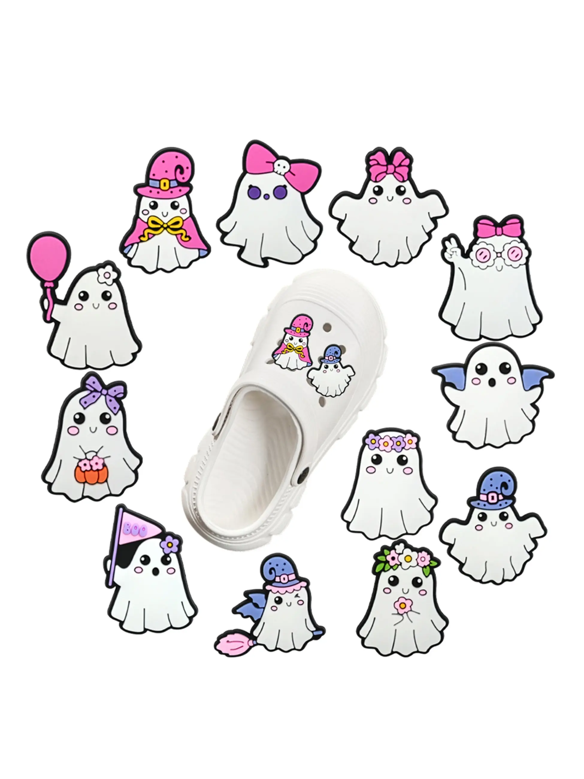12-100pcs Halloween Ghost PVC Shoe Accessories, Fits Holey Shoes, Wristbands, Beach Bags, DIY Party Gifts, Cartoon Series