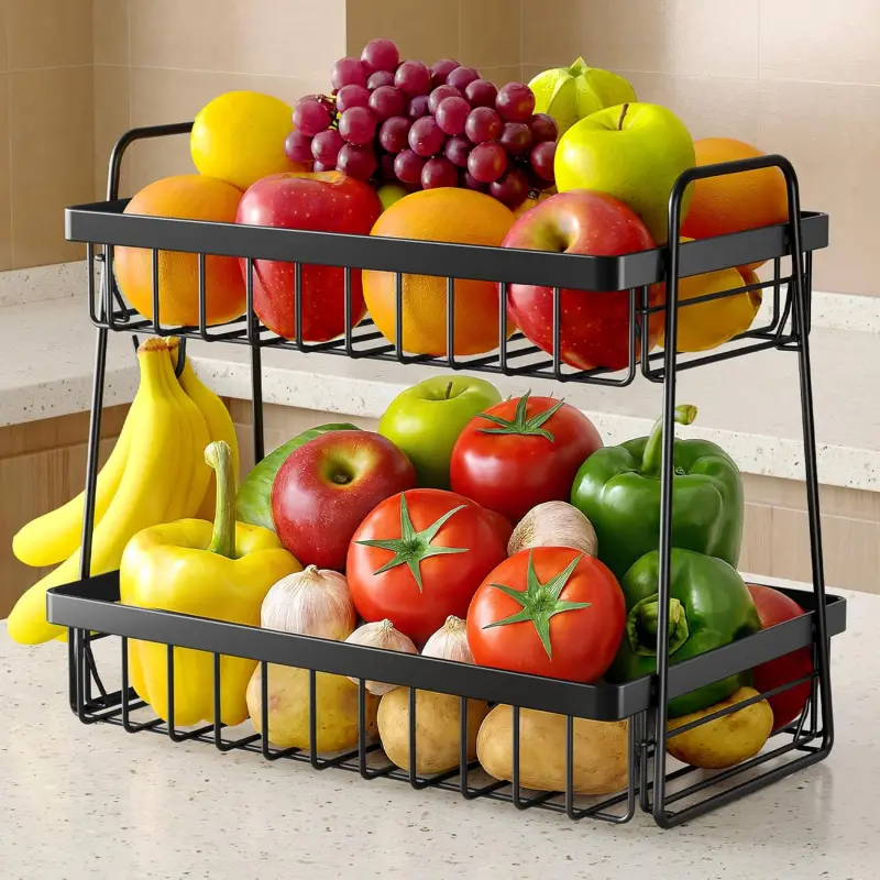 Fruit Basket for Kitchen Counter - 2-Tier Fruit Bowl with Removable Banana Hanger & Handles, Rustproof Fruit Holder for Kitchen, Living Room, Bathroom, 13.4"*8.7"*11.7", Black