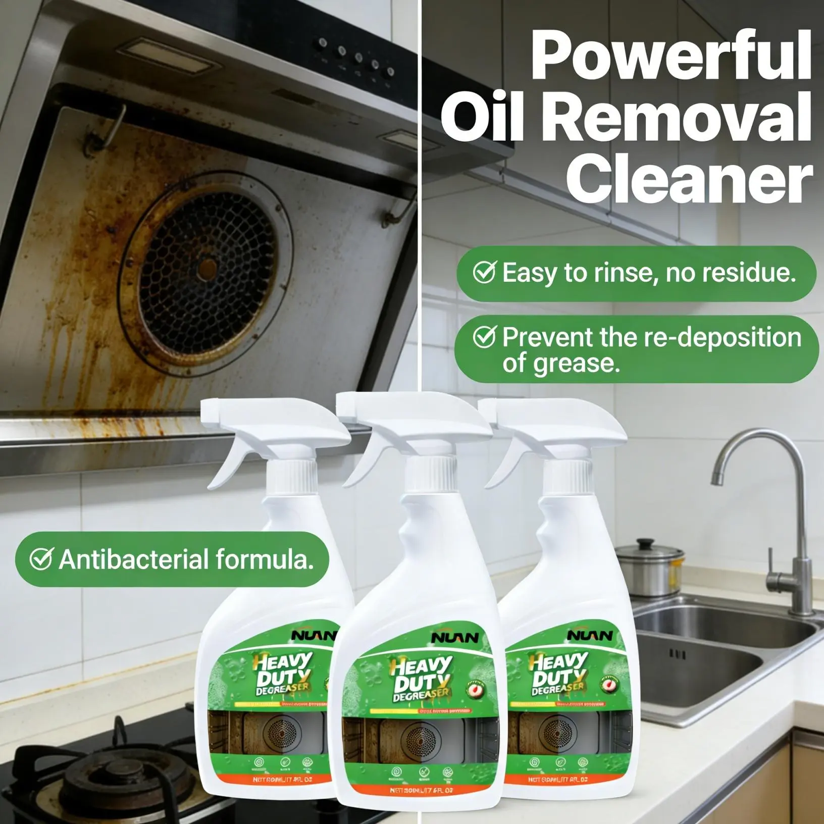 NUAN heavy duty degreaserNUAN Kitchen Oil & Grease Remover – Fast & Powerful Degreaser for Stoves & Hoods