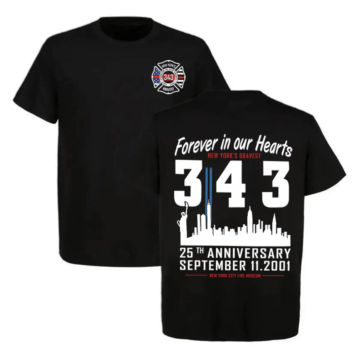 Men's 9/11 Memorial Graphic Print T-Shirt - 343 Firefighter Tribute, 100% Cotton Casual Round Neck Menswear Short Sleeve Top Honoring New York's Bravest Heroes