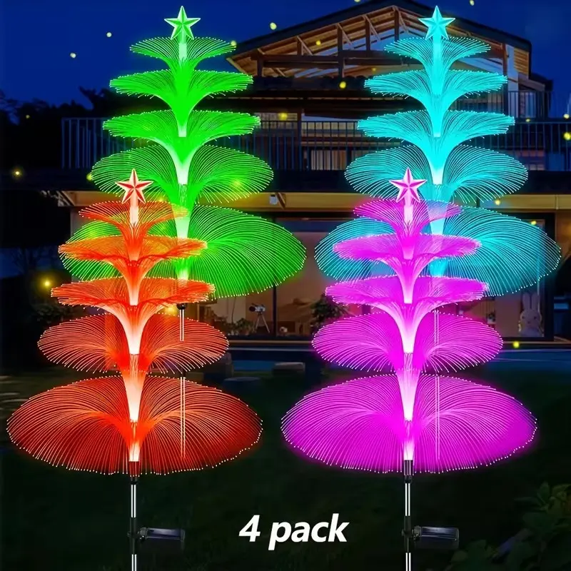 4-Pack Solar Outdoor Lawn Lights, LED Christmas Tree Lights, Ip65 Waterproof, 7-Color Adjustable, Festival Decorations