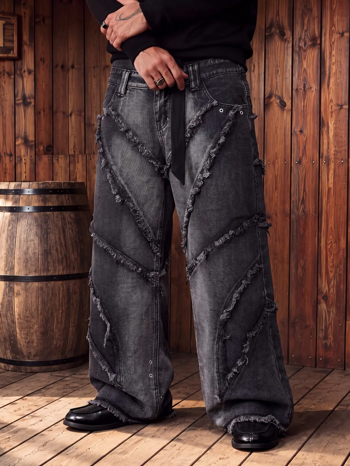 Men's Charcoal Black Patchwork Baggy Jeans, Deconstructed Wide Leg Denim Pants with Frayed Details, Y2K Streetwear Fall/Winter, Jeans Vintage Distressed