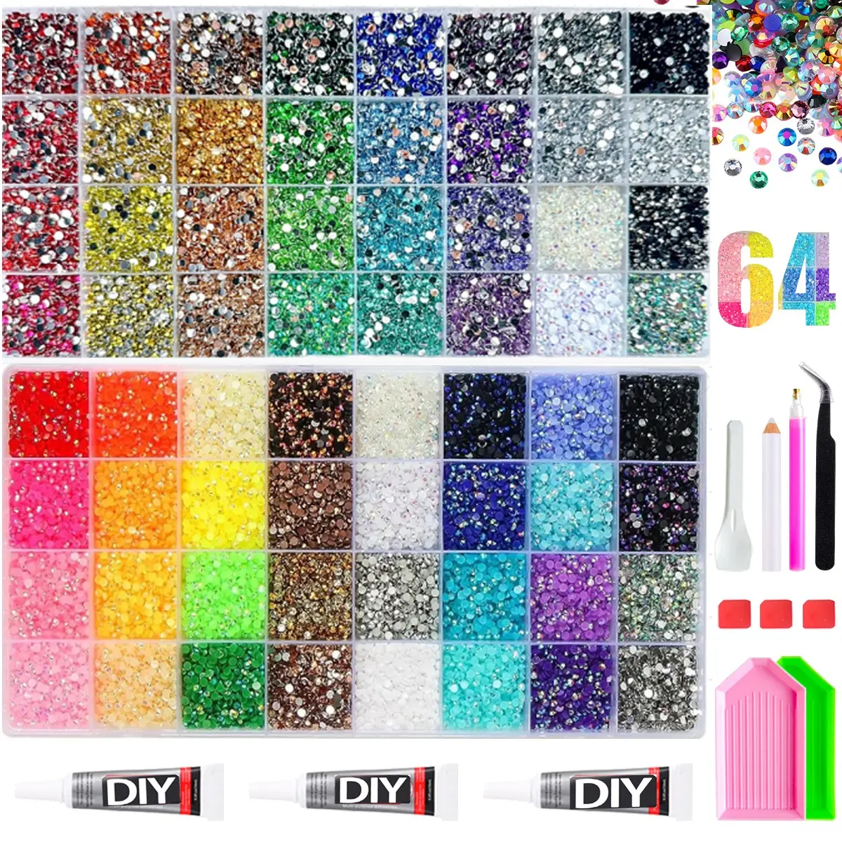64 Grid 51200+ Mixed Color Ab Flat Back Rhinestones Set, DIY Craft Kit with Glue, Pliers, Tray, Ideal for Clothing, Shoes, Fabric, Nail Art