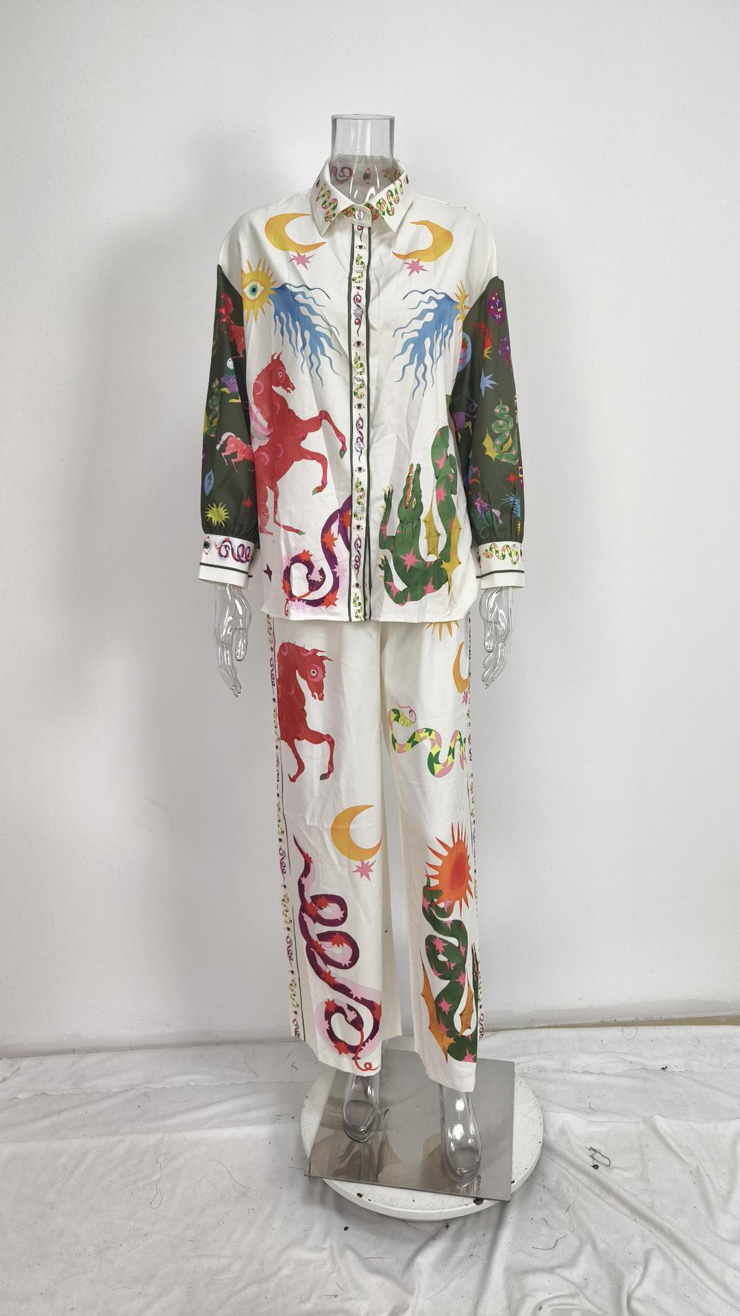 2026 Spring New Women's Clothing Set Printed Batwing Sleeve Waist-Cinching Wide-Leg Pants Set