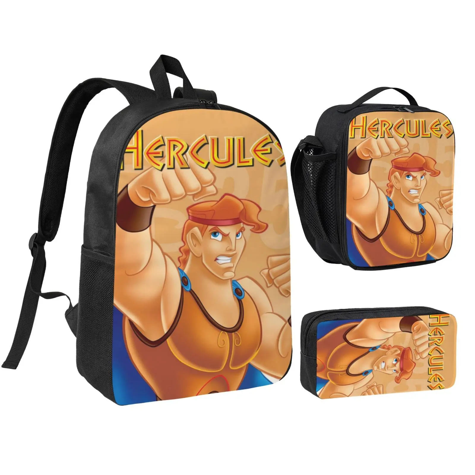 Anime Hercules3 3Pcs School Backpack Set for Teens Boys Girls, Adjustable Strap Kids Bookbag with Insulated Lunch Bag & Pencil Case, Lightweight Travel Office Daypack