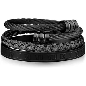 3PCS Stainless Steel Imperial Crown Bracelets for Men Gold Roman Numeral Bangle Bracelet Adjustable Cuff Bracelet Mens Luxury Jewelry Gifts