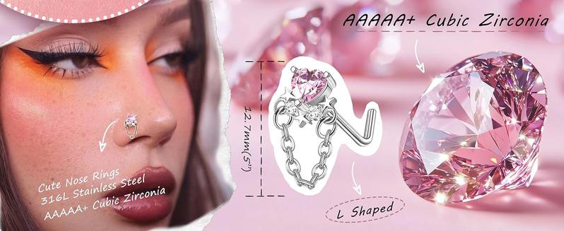 Fansilver 12PCS 20G Nose Rings Surgical Stainless Steel L Shaped Nose Studs for Women Men CZ Heart Butterfly Flower Leaf Moon Dangle Cute Nose Piercings Studs Screw Jewelry Pink