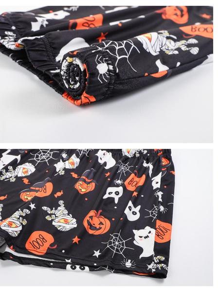 【Plus Size】Halloween Skull Ghost and Pumpkin Print Tee & Elastic Waist Shorts Pyjama Two-piece Set, Casual Comfy Round Neck Short Sleeve T-shirt & Shorts Pj Set, Women's Sleepwear for Fall