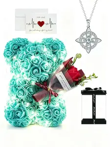Handmade Rose Bear Bouquet Night Light, Celtic Knot Necklace Set, Gift Box for Valentine's Day, Mother's Day, Christmas, Birthday