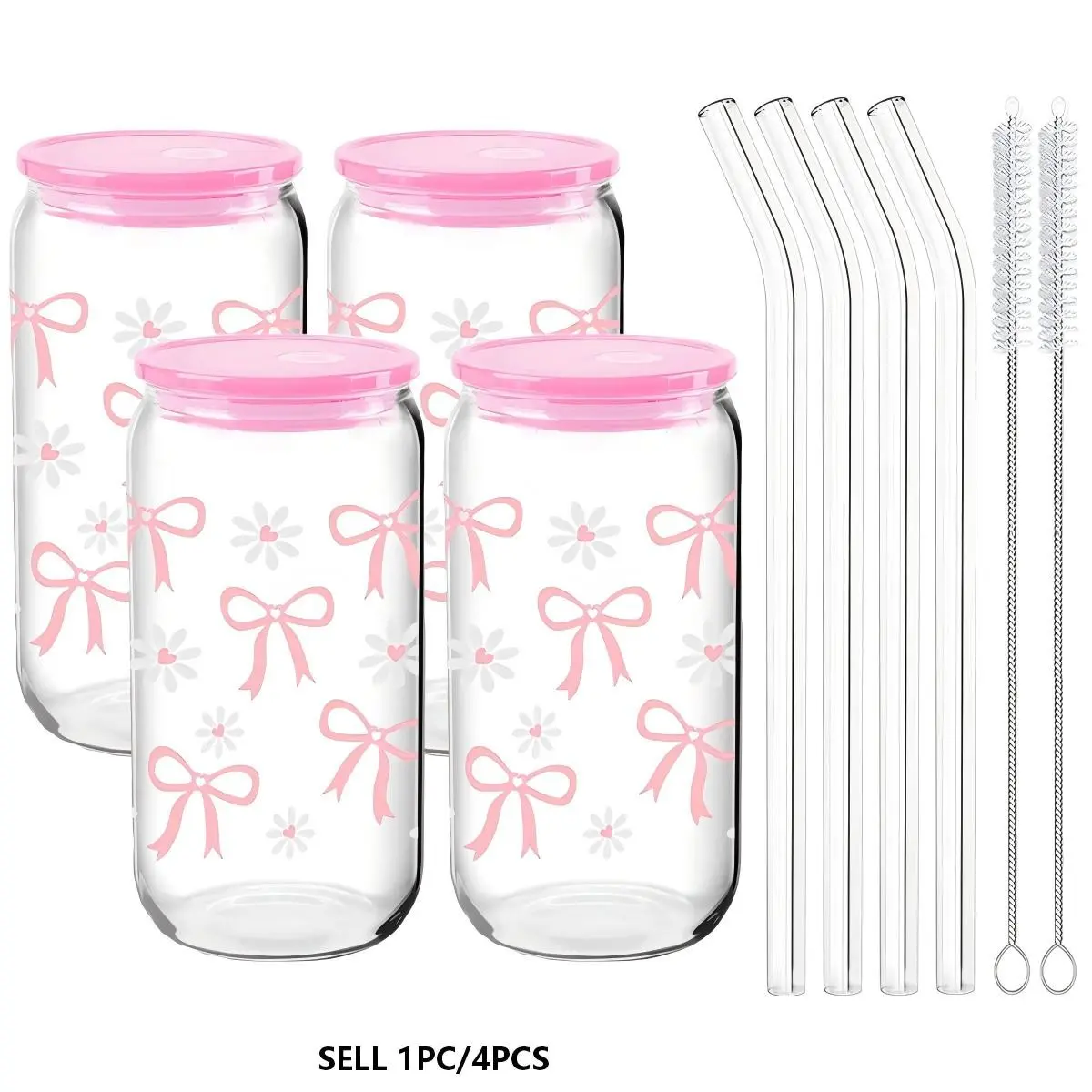 Bow&Daisy Pattern Glass Cup with Lid, Includes Glass Straw and Straw Brush, 16oz/480ML Iced Coffee and Beverage Cup