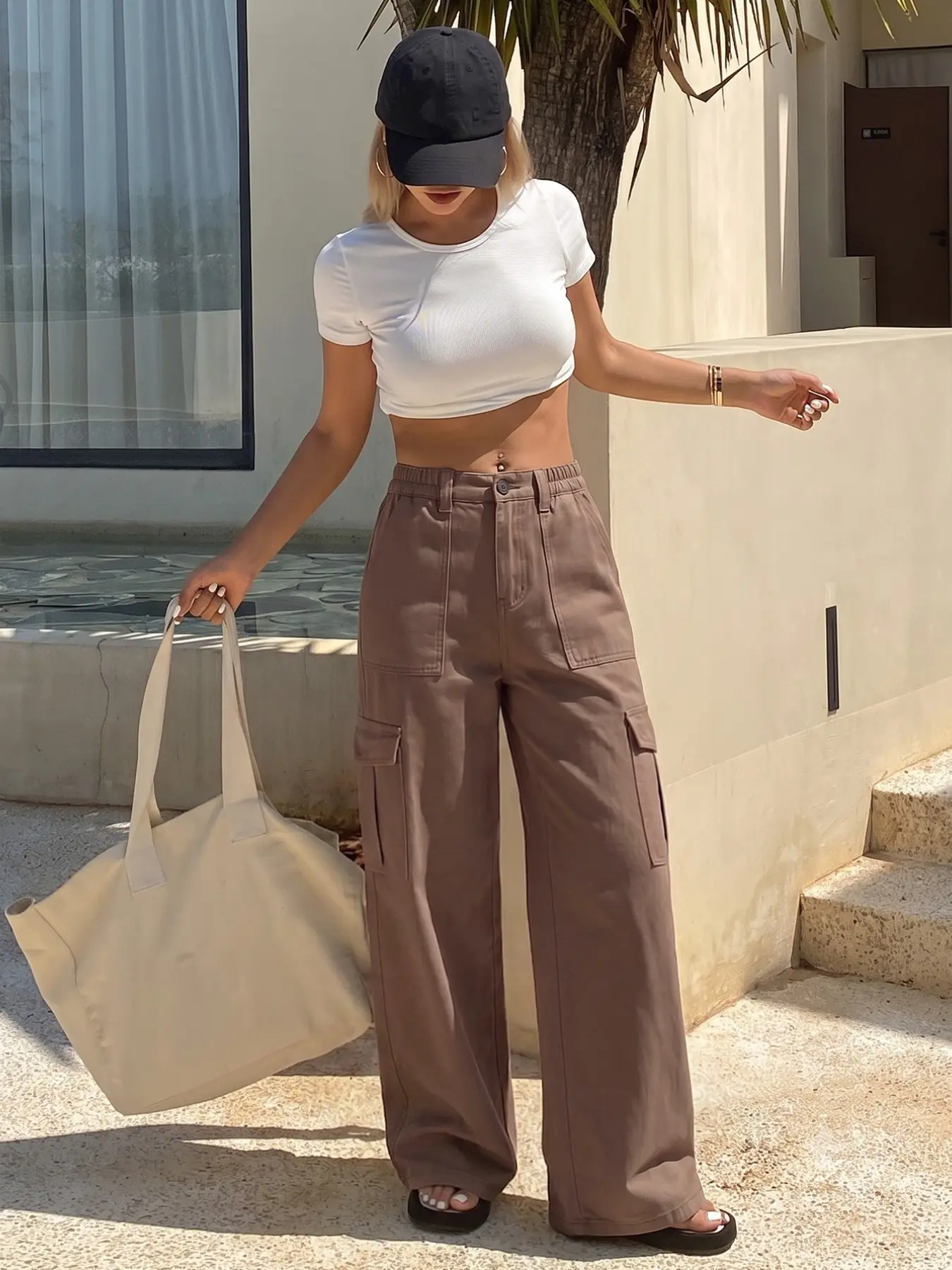 Women's 1 Piece Coffee Elastic Waist Cargo Pants, Multi Side Pockets, Wide Leg, Casual Streetwear, Fall Winter Outdoor Wear