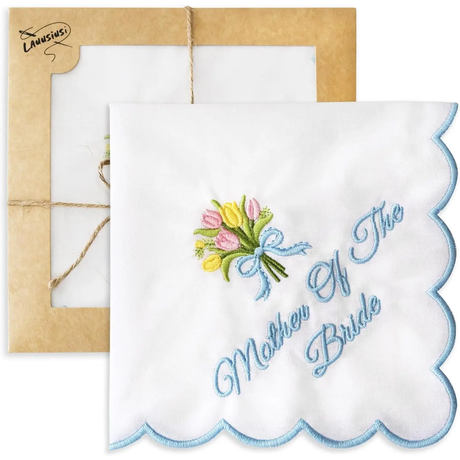 Embroidered Wedding Handkerchief, Gift for Mother and Father of the Bride, Something Blue Detail, Standard Size 11" x 11" Square Shape, Embroidery, Fabric Hankie