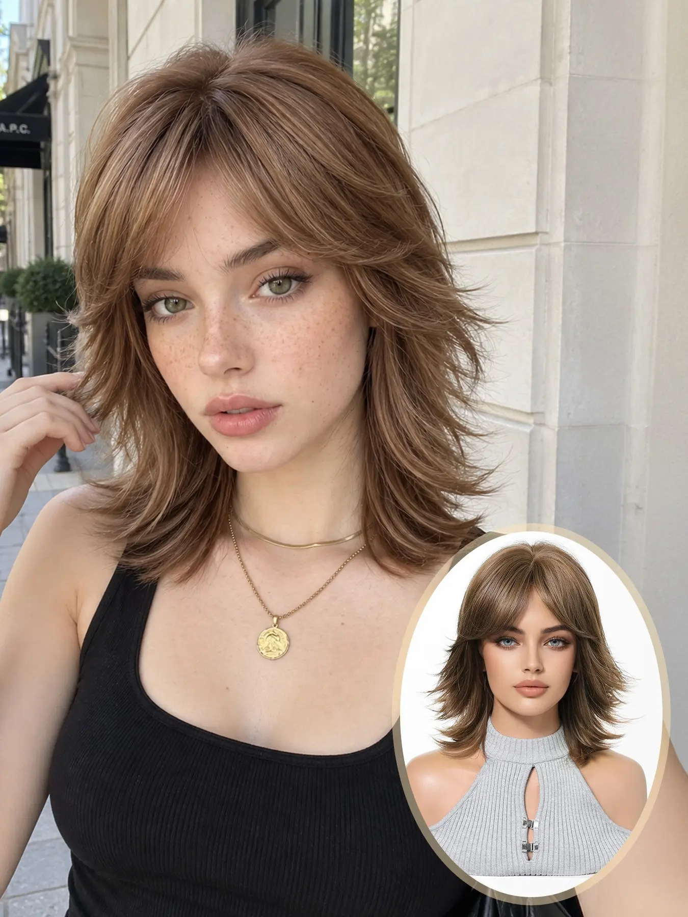 Easy to Manage Brown Wolf Tail Bangs Wig, Mid-Length Straight Synthetic Hairpiece for All Seasons, Women's High Temperature Resistant Full Wig, Artificial Wig