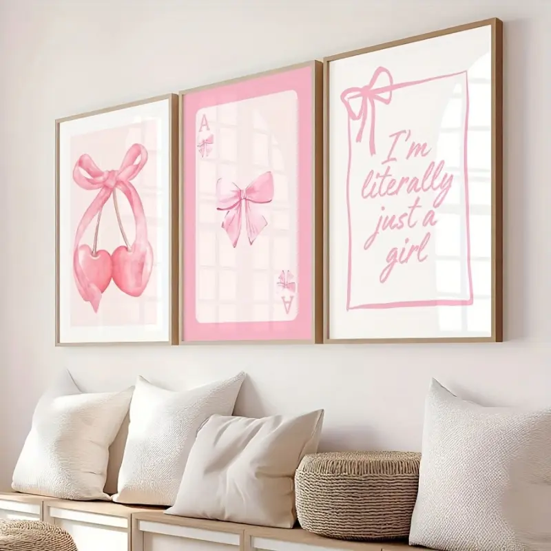 2D Flat, 3pcs/set, Pink Bows Watercolor Painting Prints, Creative Design Print, Unframed Wall Art, Posters for Dorm, Preppy Wall Decor, College Apartment Art, Teen Girl Room Decor, Above Bed Wall Decor, Living Room, Bedroom, Hallway