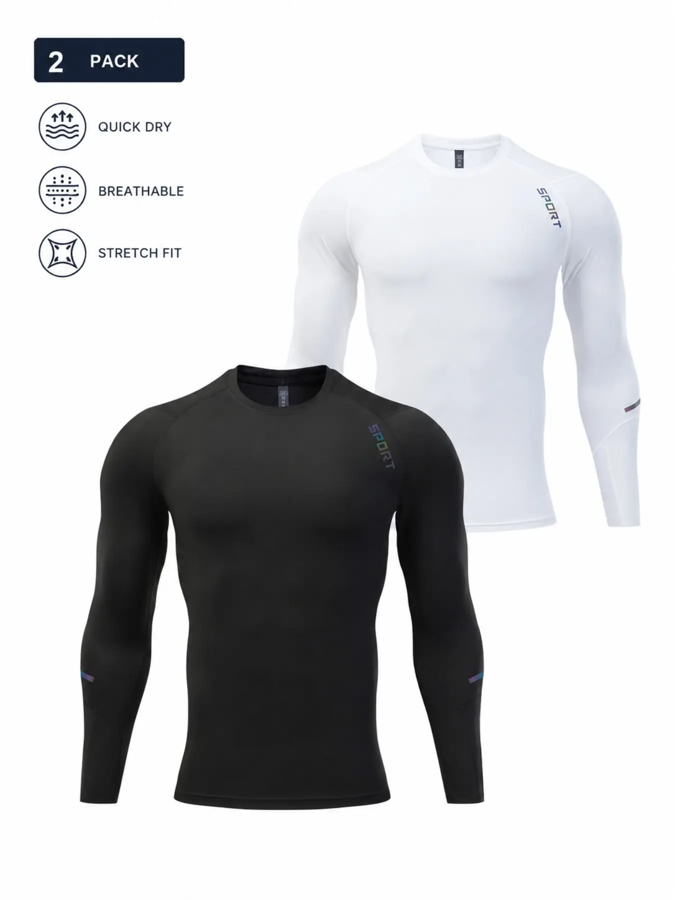 2-Pack Men’s Long Sleeve Athletic Compression Shirts, Black and White Quick-Dry Breathable Stretch Workout Base Layer Tops for Gym, Running and Training