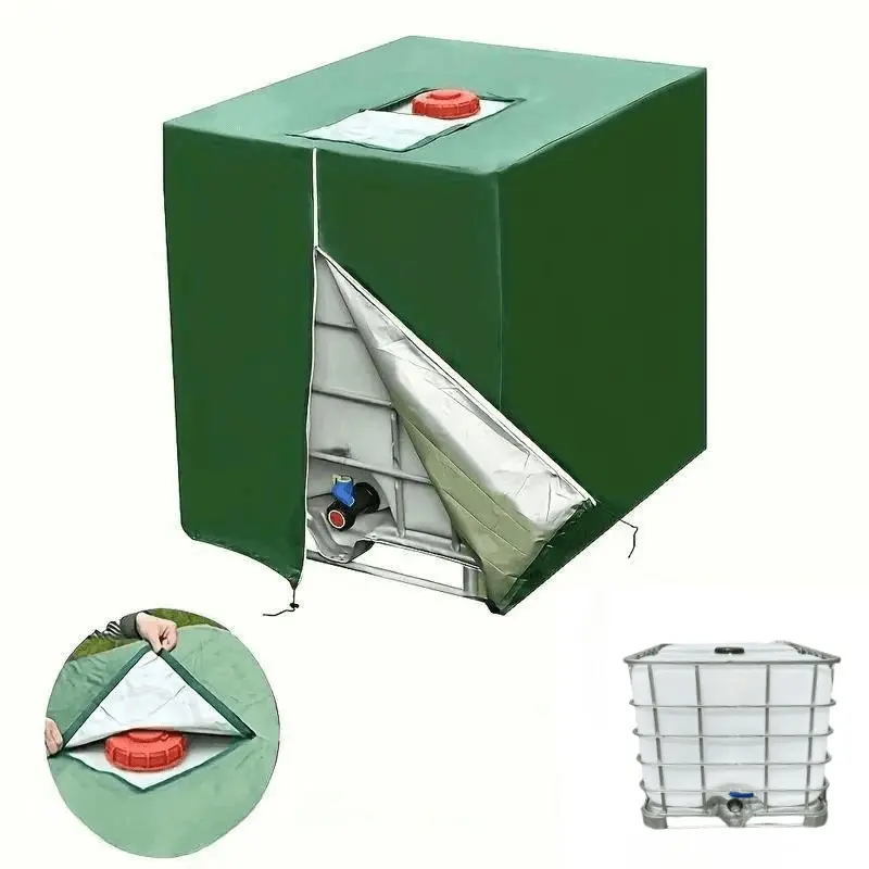 1PC outdoor IBC barrel protective cover outdoor/courtyard tank protective cover 1000L barrel tank cover waterproof windproof dustproof black/green/silver all available with Velcro cover at the top, zipper in the middle, windproof drawstring at the bottom
