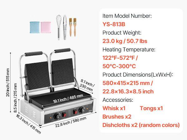 Commercial Panini Grill, 3600W Electric Sandwich Panini Maker, Stainless Steel Double Sandwichs Press with Handle and Temp Control, 19x9 in Full Grooved Enamel Plate, for Hamburger Steak Bacon