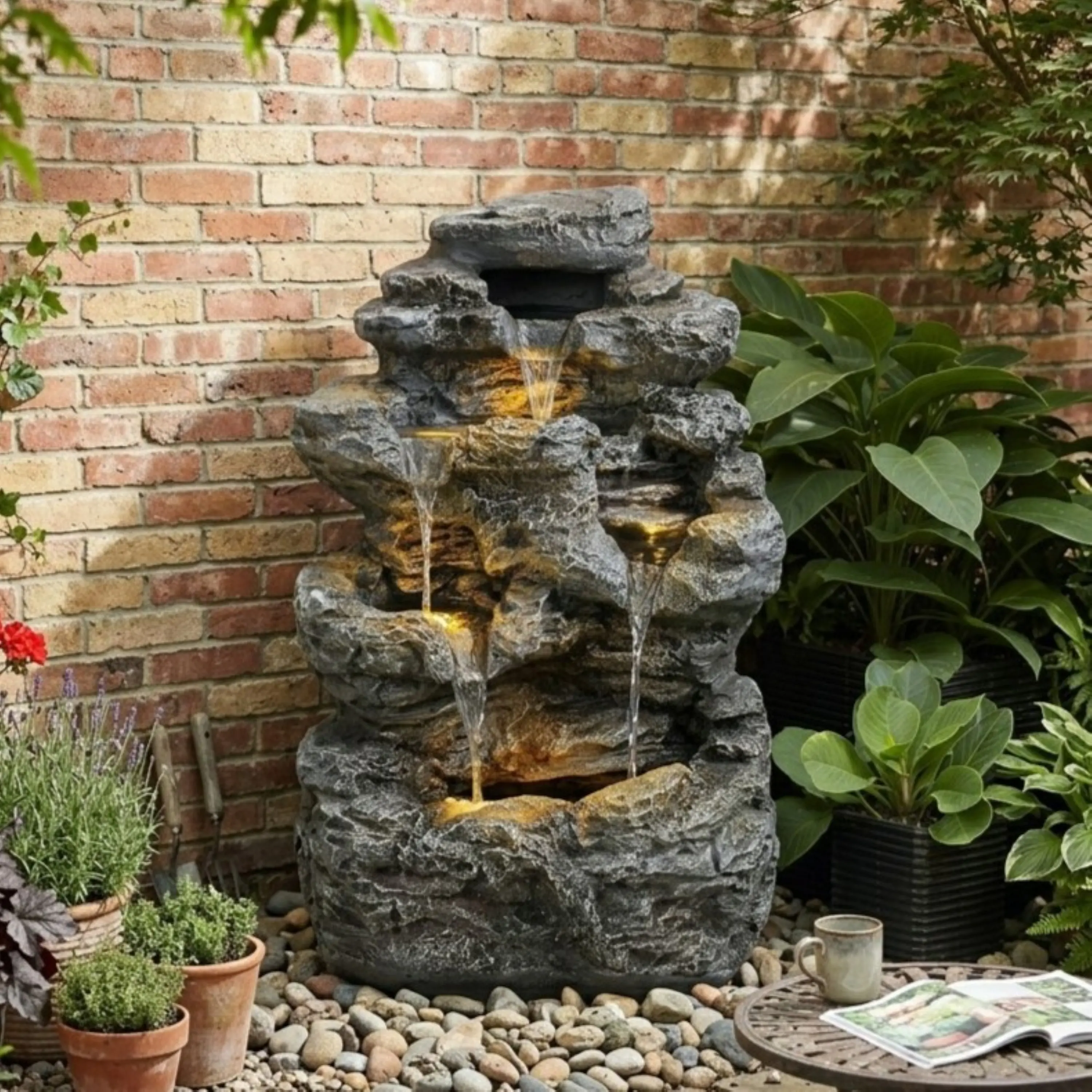 ARCH 5-Tiered Concrete Tall Slim Fountain with LED Lights - 13.40"W x 15.57"D x 23.75"H, 32.41 lb Outdoor Water Feature for Patio Garden, Space-Saving Column, All-Weather Resistant Cement, Gray, Stress Relief Relaxation Soothing Sound, Easy Decor Match