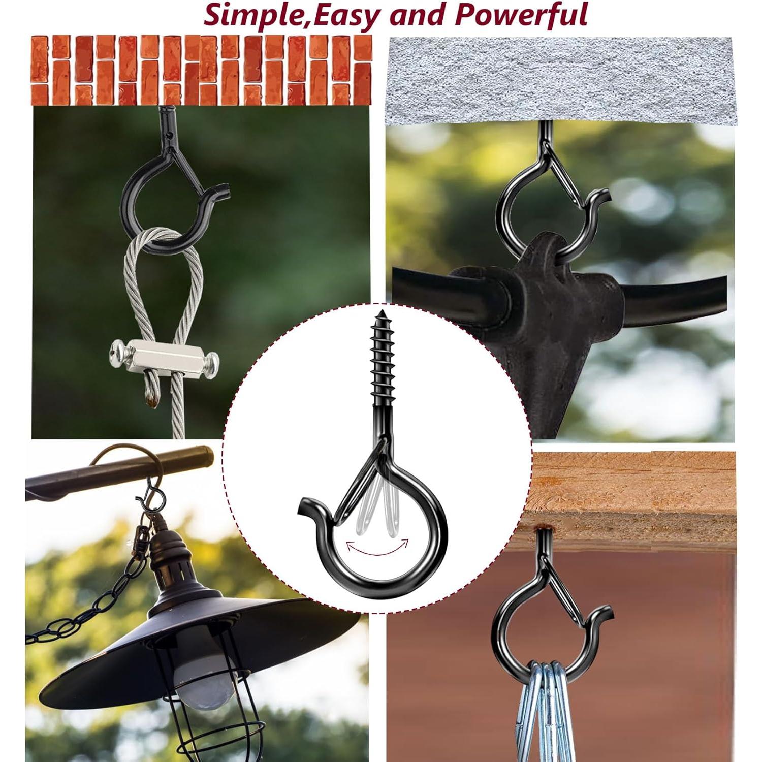 String Lights Screw Hooks for , Ceiling Hooks for  Solar,Outdoor String Lights,  Hangers Outdoor with Safety Buckle Design for Backyard Porch Patio - 55 Pack, Black