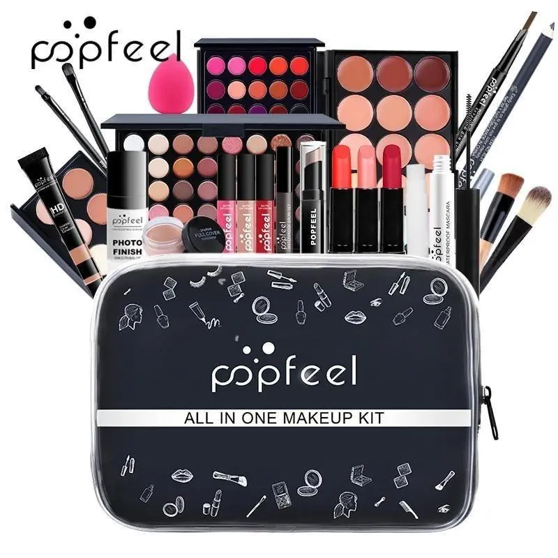 Popfeel Holiday Gift Makeup Set Eyeshadow Lip Gloss Lipstick Brow Gel Mascara Makeup Brush Concealer Bag Full Combo Kit