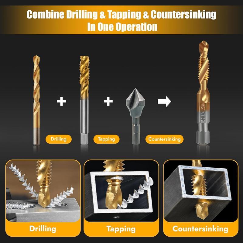 New 6 Pack Titanium Coated Drill and Tap Set Professional Thread Tap Drill Bit Set with 1/4" Hex Shank for Woodworking & Metalworking