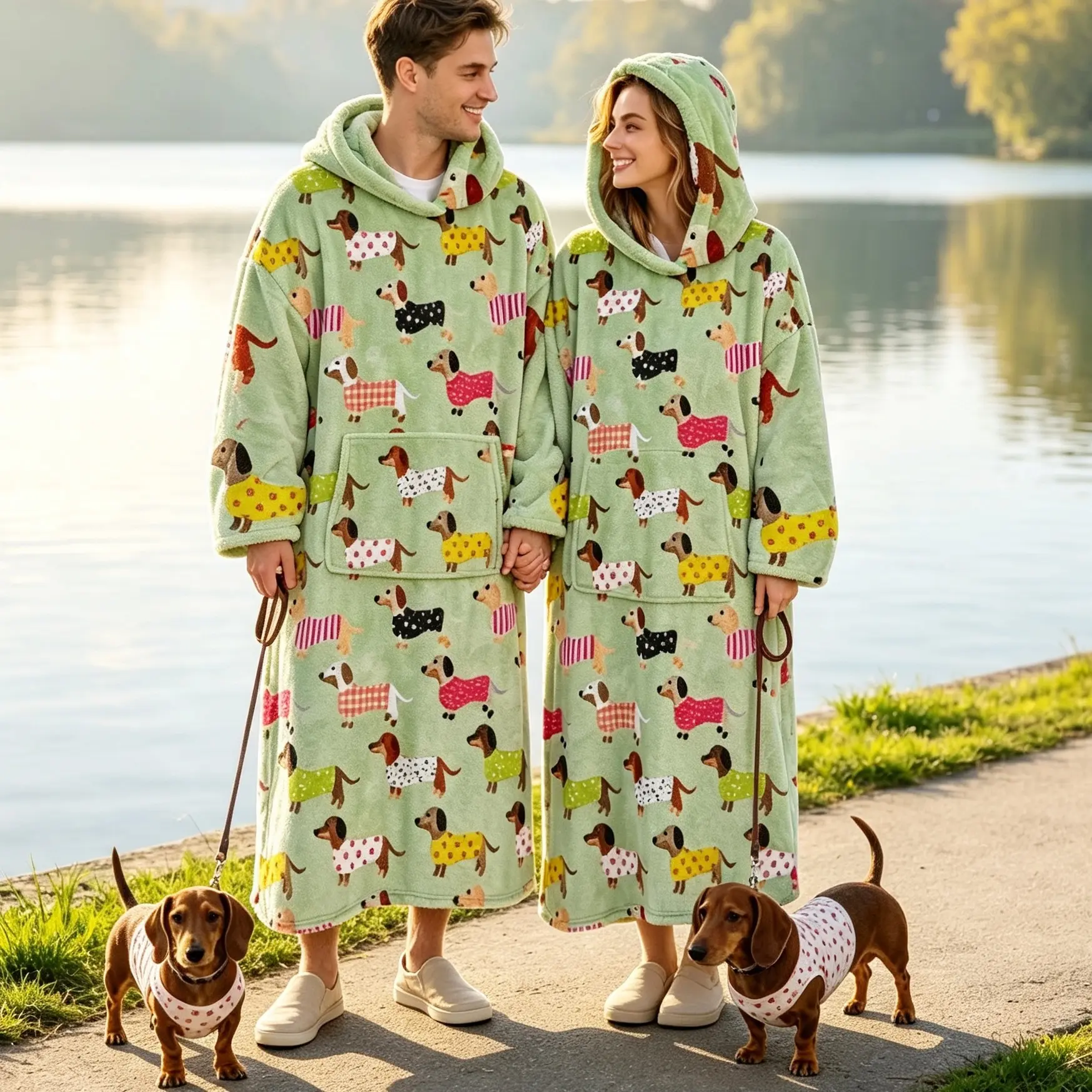Adult Wearable Blanket Hoodie, Extra Large Cute Weiner Dog Print, Soft Flannel Material, Warm and Comfortable, Unisex with Big Pockets