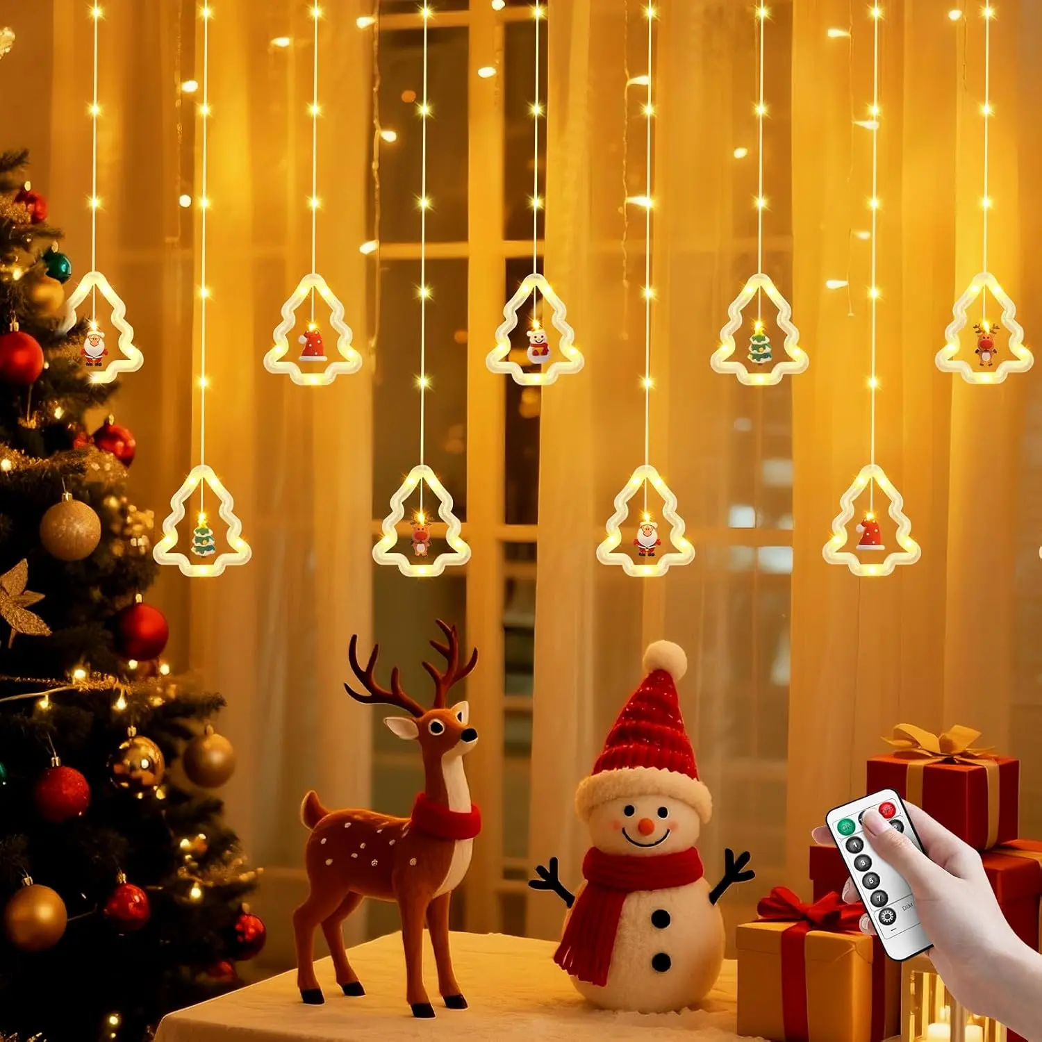 Christmas Tree Curtain Lights, Christmas Window Lights Decor with Remote,8 Lighting Modes, IP65 , 10 Hooks Christmas Decorations Indoor Outdoor for Bedroom Party Wall Door Window