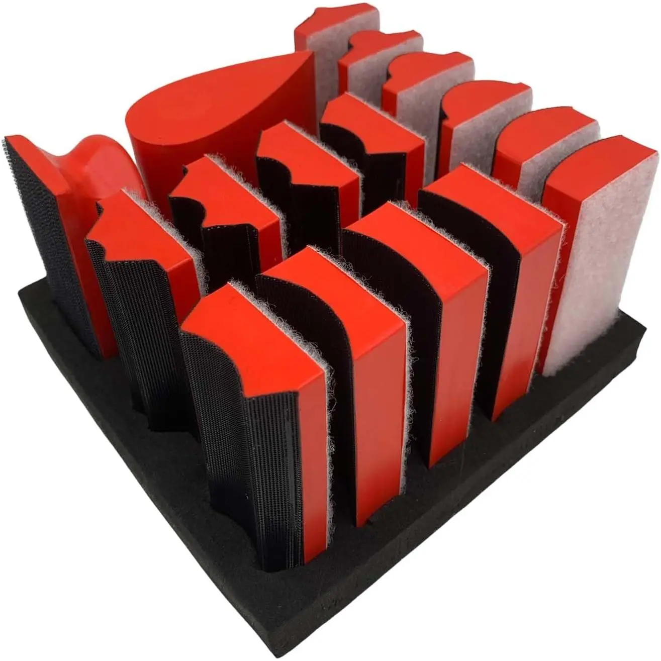 Hand Sanding Block Set of 16,Interchangeable  Contoured Profile Sanding Pad Kit,Hook and Loop Abrasive Sanding Chassis for Sand  Furniture, Auto  and Crafts,Red