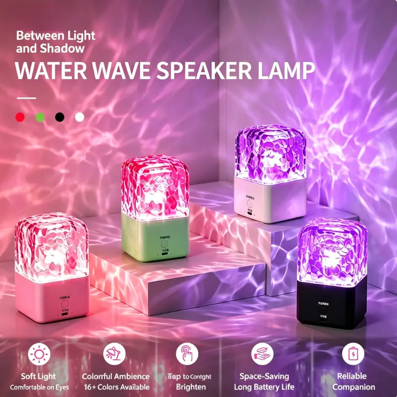 Water Wave Projection Bluetooth Speaker Lamp with PVC Shade, 16 RGB Lights, Rechargeable Light, Bluetooth Sync, Remote Control for Bedroom, Living Room, Home Decor, Great Gift Idea
